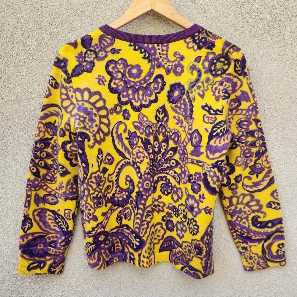 KATE SPADE Women's Cardigan Large Purple Yellow Paisley Wool Silk Blend Sweater - Picture 5 of 10
